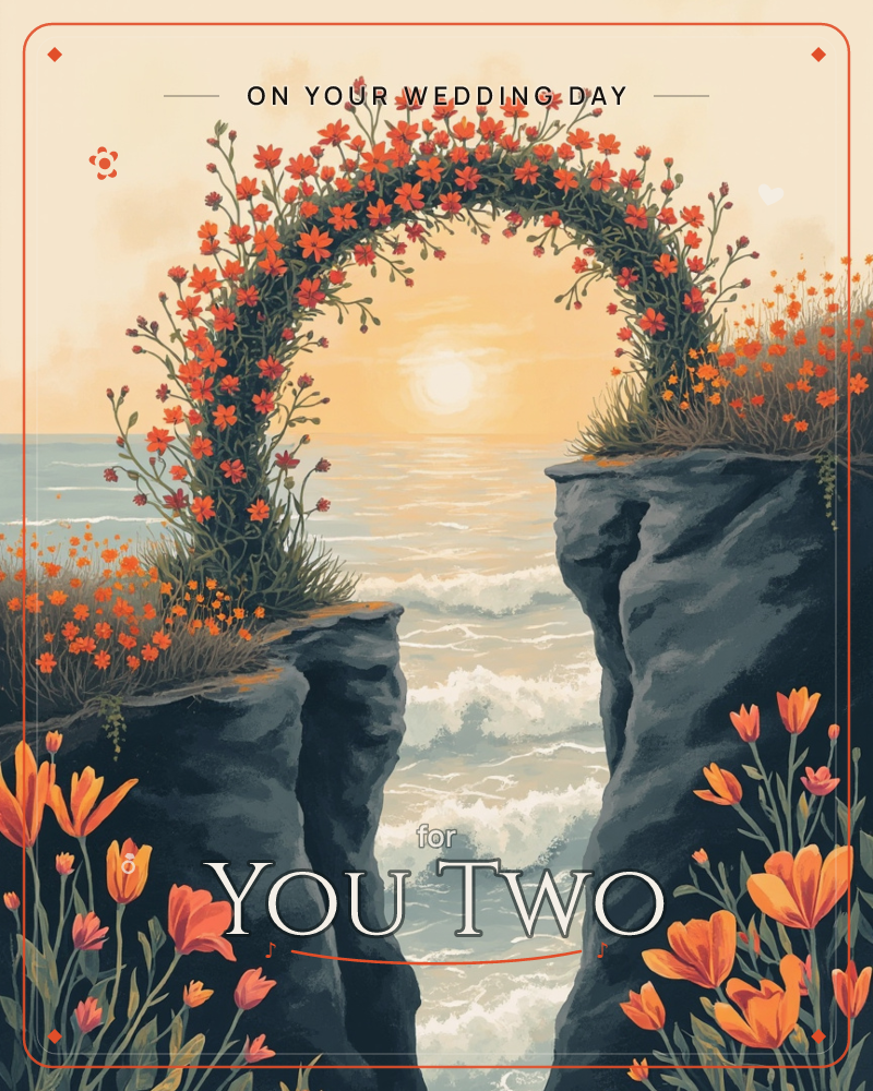 A flowering archway of red and orange blossoms bridges two rocky sea cliffs, framing a glowing sunset over rolling ocean waves, a wedding e-card design
