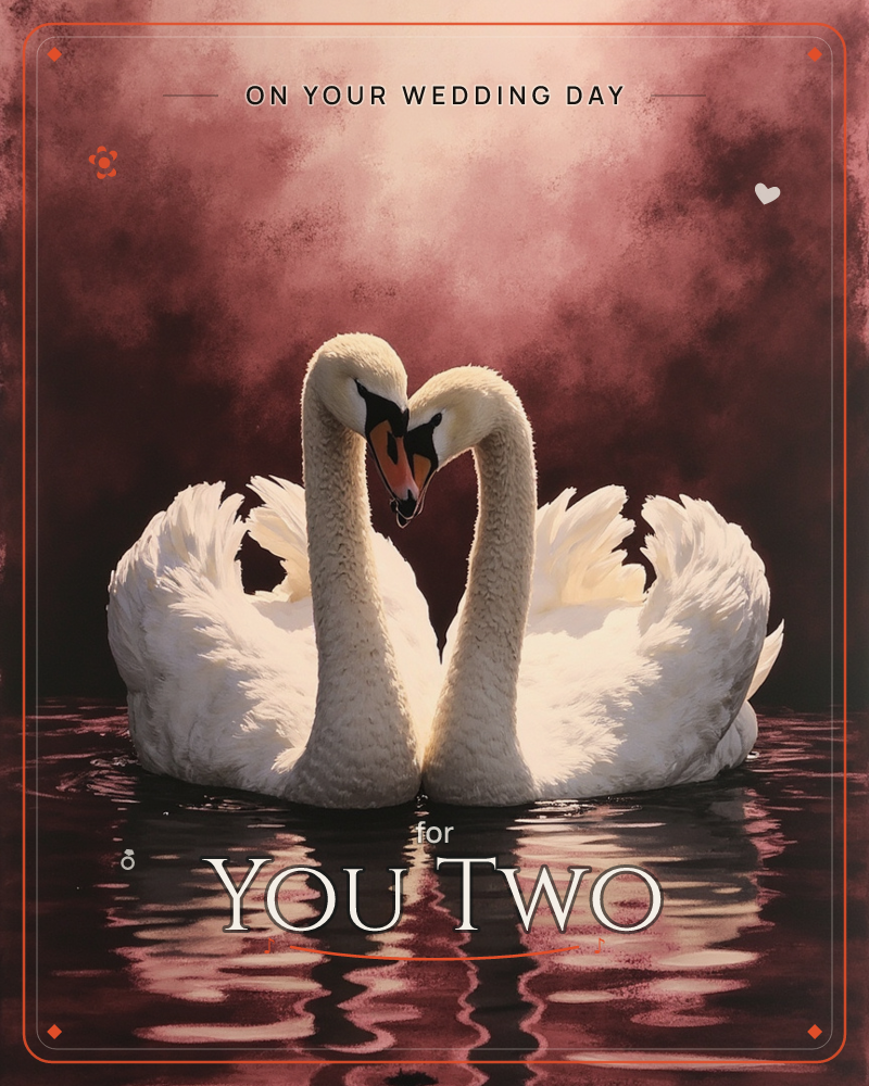 Two white swans float together on dark water, their curved necks meeting to form a heart shape, a wedding e-card design