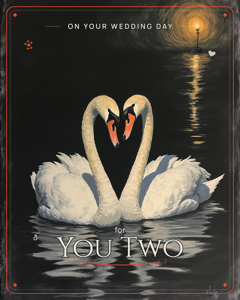 Two white swans face each other on dark water, their curved necks forming a heart shape at the centre, a wedding e-card design