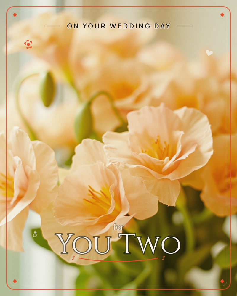 A close-up of peach-toned ranunculus blooms clustered together near a sunlit windowpane, their crepe-thin petals glowing translucent where the light…, a wedding e-card design