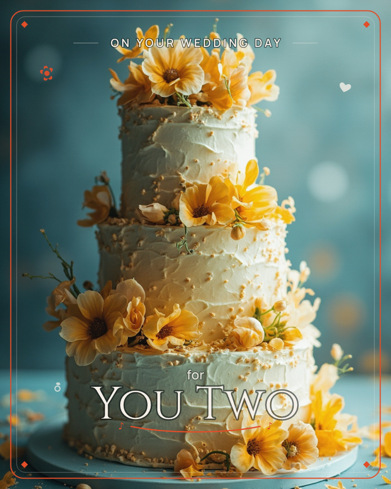 A three-tiered white cake with rough, textured icing stands against a moody teal backdrop, dotted with soft bokeh light, a wedding e-card design