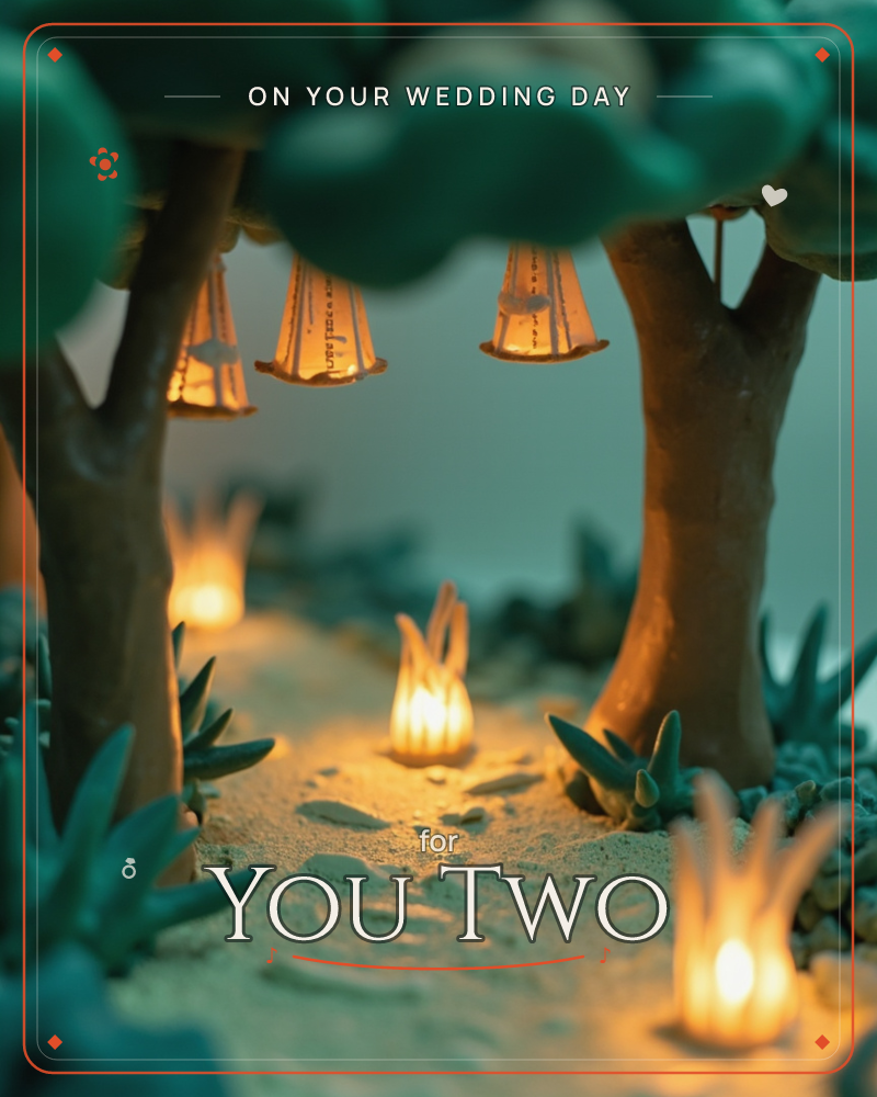 A miniature diorama forest glows at twilight, with sculpted teal trees framing a sandy path lit by tiny lantern-like flames, a wedding e-card design