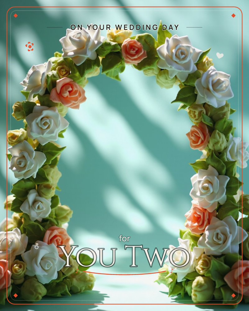 A rounded archway of white and peach roses, tucked with green leaves and small buds, stands against a soft teal backdrop dappled with dreamy shadow…, a wedding e-card design