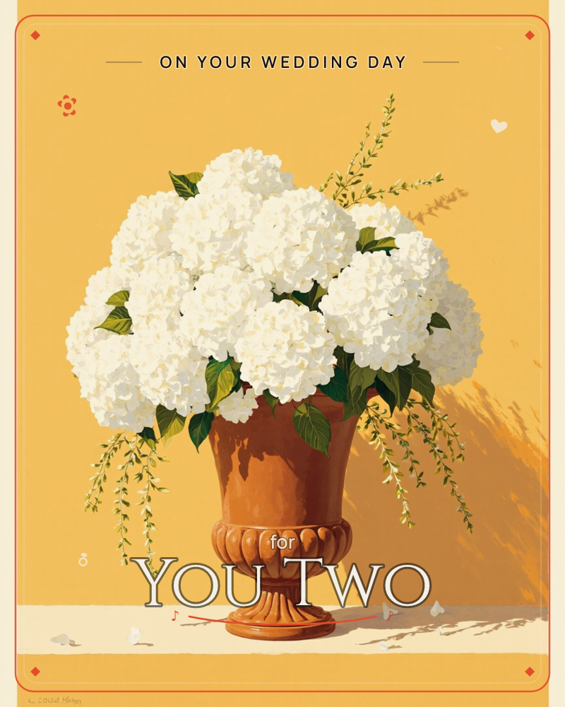 A terracotta urn holds a full bouquet of white hydrangea blooms with trailing sprigs of greenery, set against a warm golden backdrop with a long cast…, a wedding e-card design