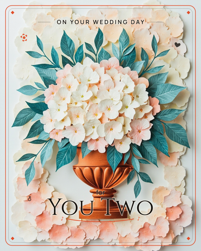 A fluted terracotta urn holds a full round bouquet of cream and blush hydrangea-like blooms with teal-green leaves fanning outward, all set against a…, a wedding e-card design