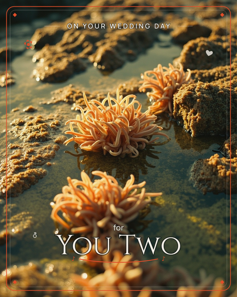 A tide pool glows in low golden light, its rocky floor studded with barnacles and clusters of orange sea anemones opening their tentacles into the…, a wedding e-card design