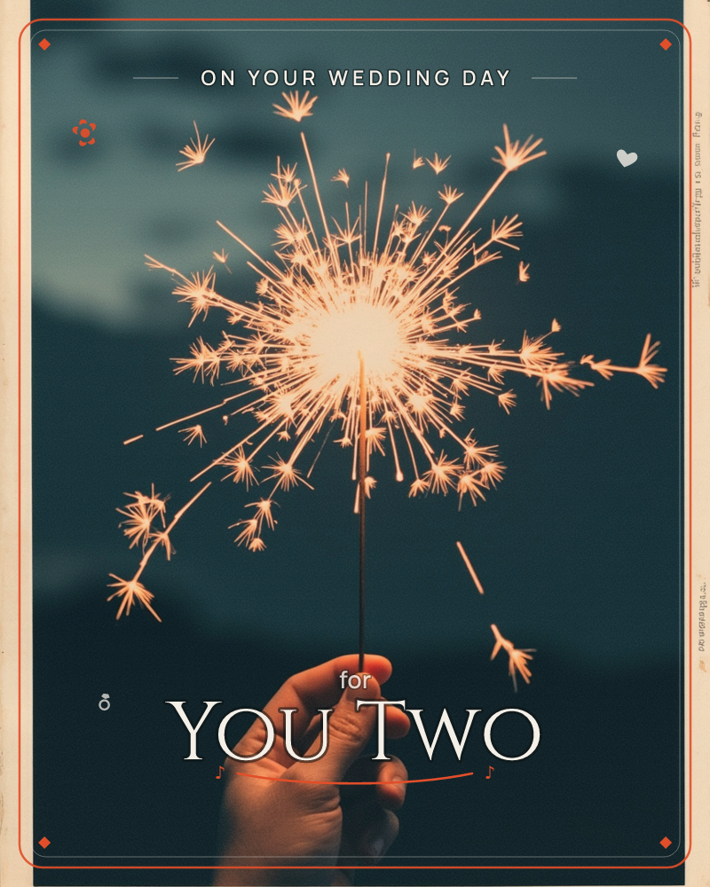 A hand rises from the bottom of the frame holding a lit sparkler against a deep dusky-blue twilight sky, a wedding e-card design