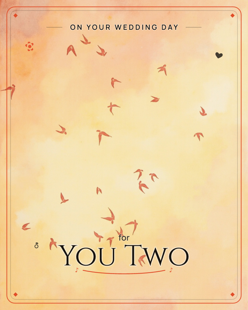 A soft wash of peach and apricot sky fills the page, scattered with small rust-red birds in mid-flight, their wings sketched in loose, simple strokes, a wedding e-card design