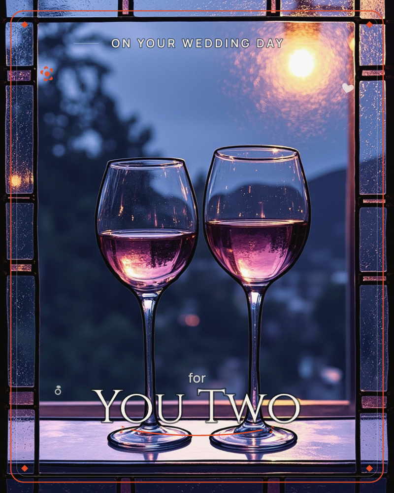 Two glasses of rosé wine sit on a windowsill, framed by a stained-glass border, with a dusky hillside and a glowing streetlamp softly blurred beyond…, a wedding e-card design