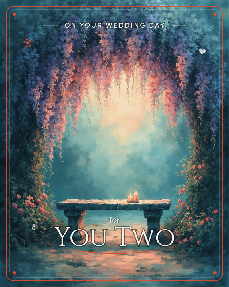 A stone bench sits beneath an archway of trailing wisteria and roses, two small candles glowing softly on its surface, a wedding e-card design