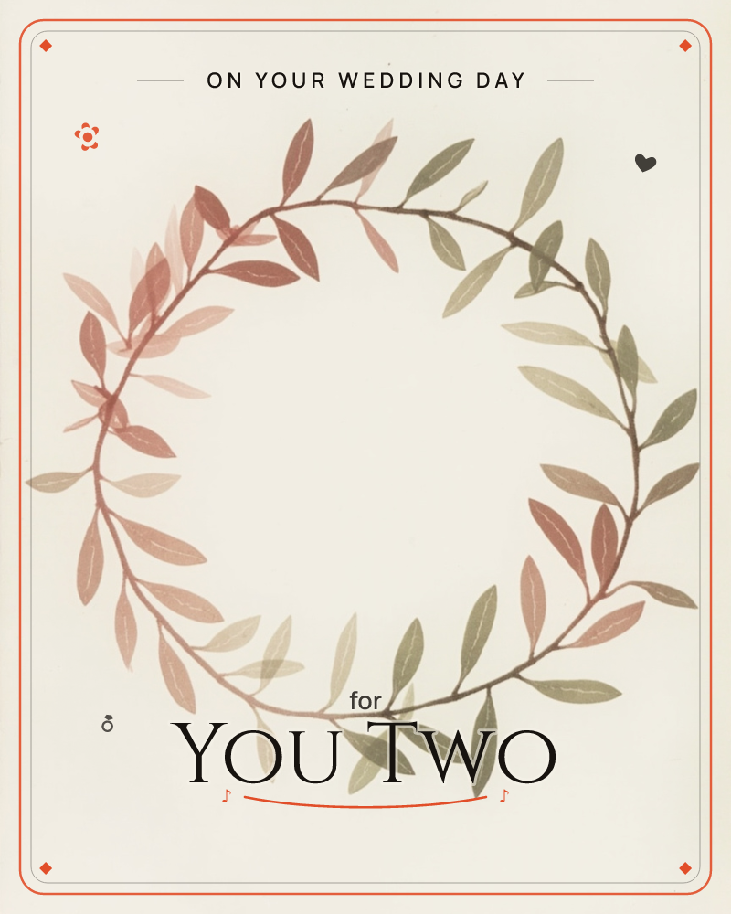 A simple round wreath of painted leaves sits against a soft, vignetted cream background, its edges fading into shadowed corners, a wedding e-card design