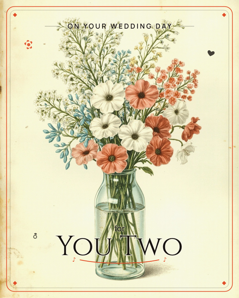 A vintage-style botanical illustration shows a simple glass jar filled with water, holding a loose bouquet of coral-pink and white anemones mixed with…, a wedding e-card design