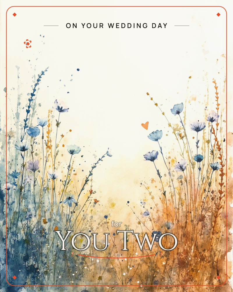 Tall wildflowers and grasses rise from both sides of the page in loose watercolour, framing an open cream sky, a wedding e-card design