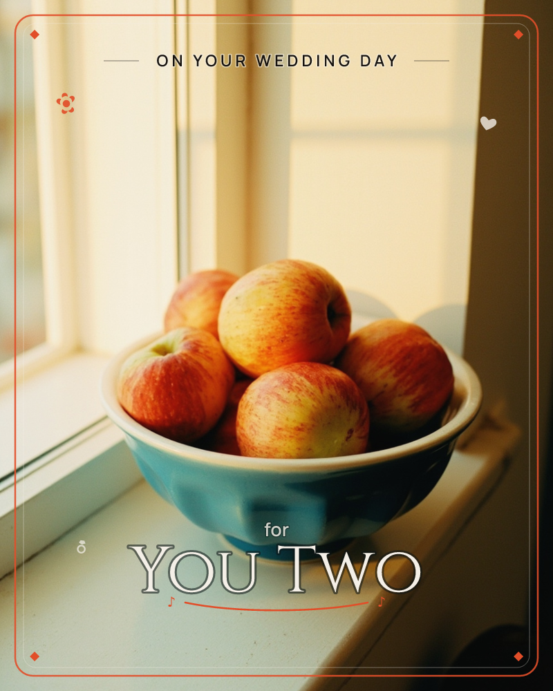 A blue ceramic bowl heaped with red-and-gold apples sits on a white painted windowsill, warm afternoon light pouring through the glass panes behind it, a wedding e-card design