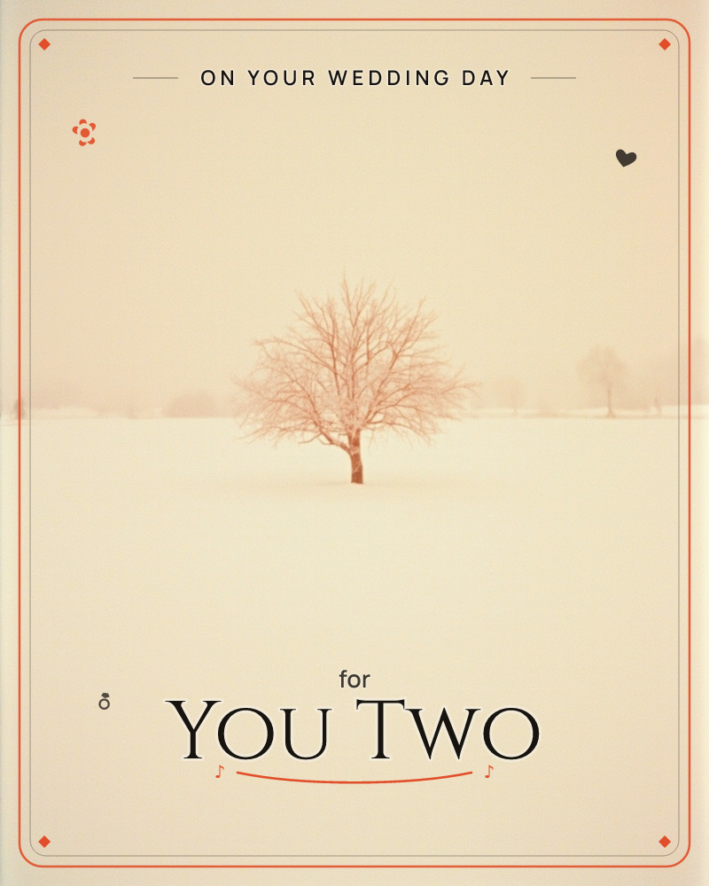 A single bare tree stands alone in a vast snow-covered field, its rust-coloured branches the only warmth against a pale, hazy winter sky, a wedding e-card design