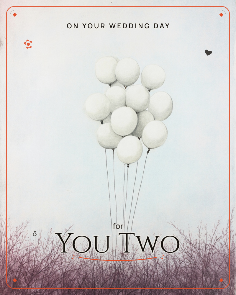 A cluster of pale white balloons floats above a dark tangle of bare winter brush, their strings trailing down into the thicket like they've just been…, a wedding e-card design