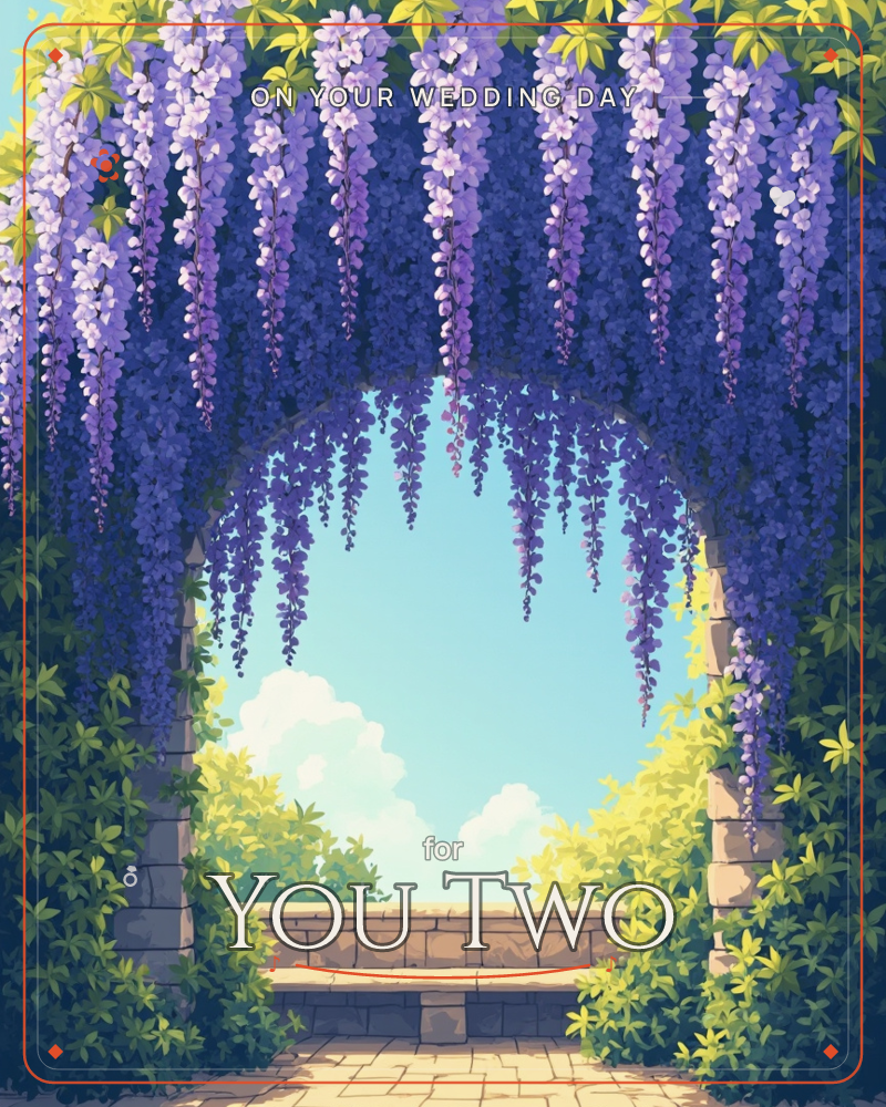 A stone archway drips with cascading wisteria blossoms, framing a soft blue sky and drifting clouds beyond, a wedding e-card design