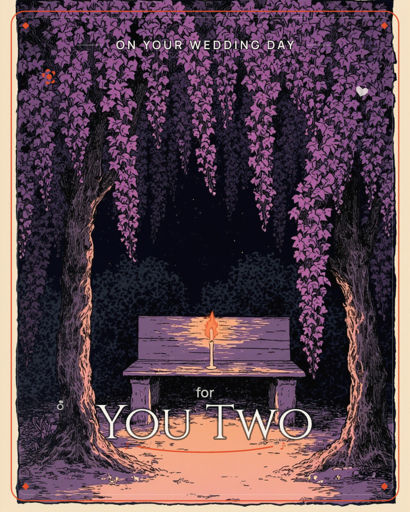 A wooden bench sits empty beneath an arch of trailing wisteria, its purple blooms cascading down like a curtain against the night sky, a wedding e-card design