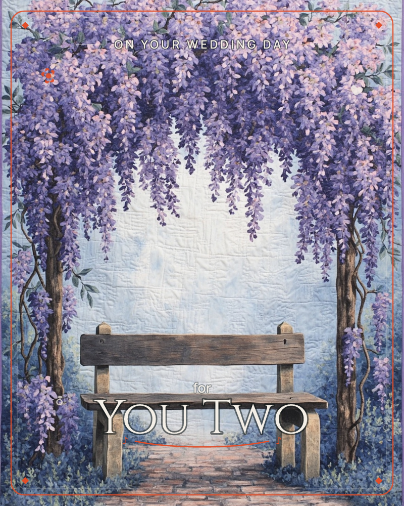 A weathered wooden bench sits beneath an archway of cascading wisteria, its lilac and cream blooms hanging thick from twisting branches on either side, a wedding e-card design
