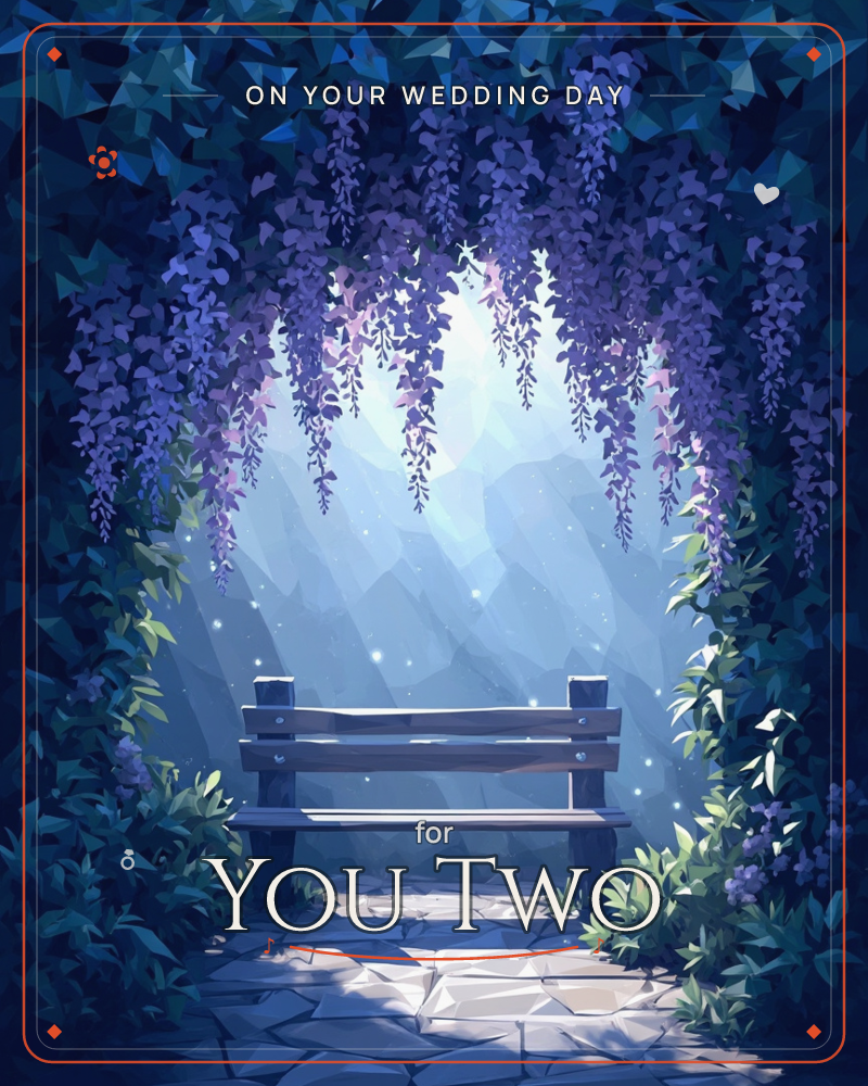 An empty wooden bench sits beneath a low archway of trailing wisteria, the purple blooms cascading down like a curtain around it, a wedding e-card design