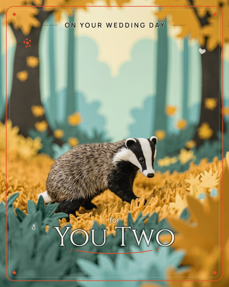A badger with a lifelike furry coat walks through a papercraft autumn forest, its black and white striped face turned toward the camera, a wedding e-card design