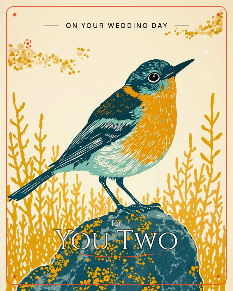 A robin-like bird with a teal head and orange breast perches on a lichen-speckled stone, surrounded by tall golden grasses drawn in fine linocut lines…, a wedding e-card design