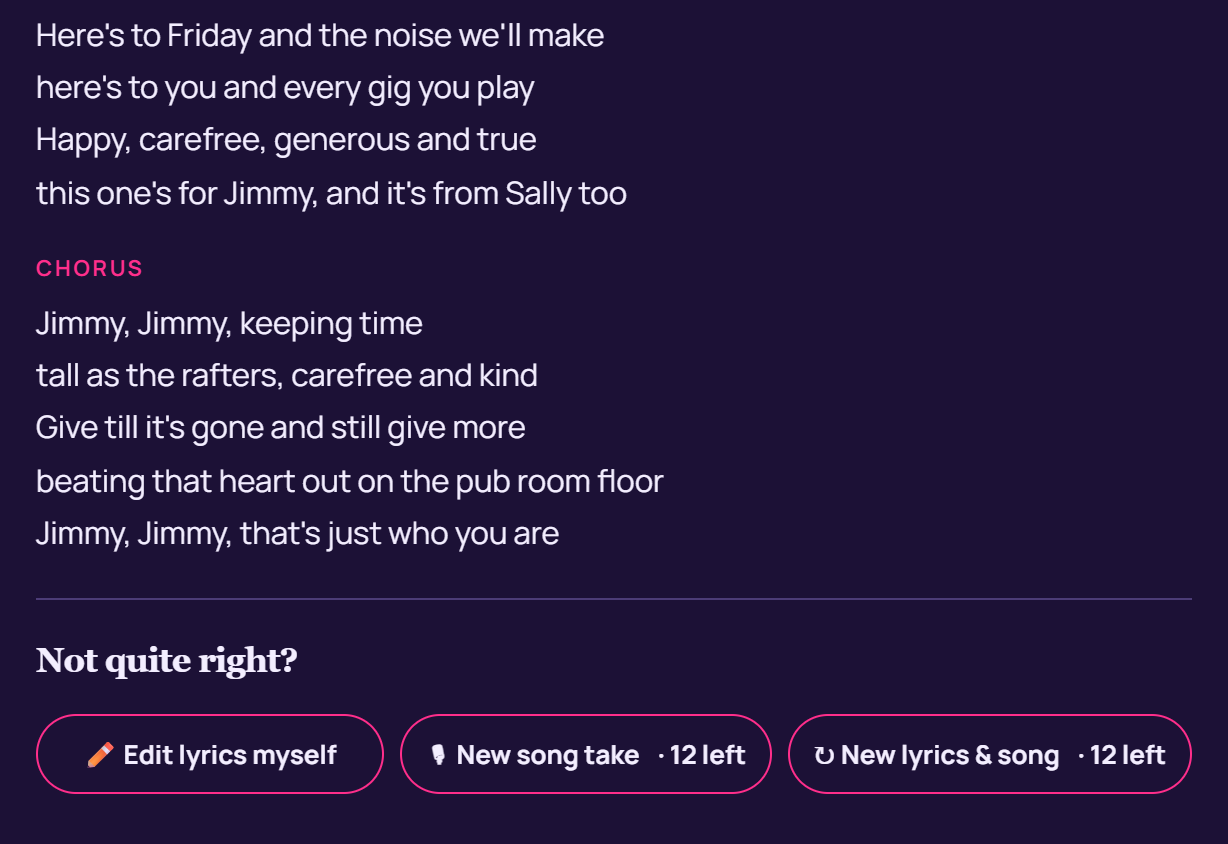 The Not quite right panel, with buttons to edit the lyrics, ask for a new take, or have new words written