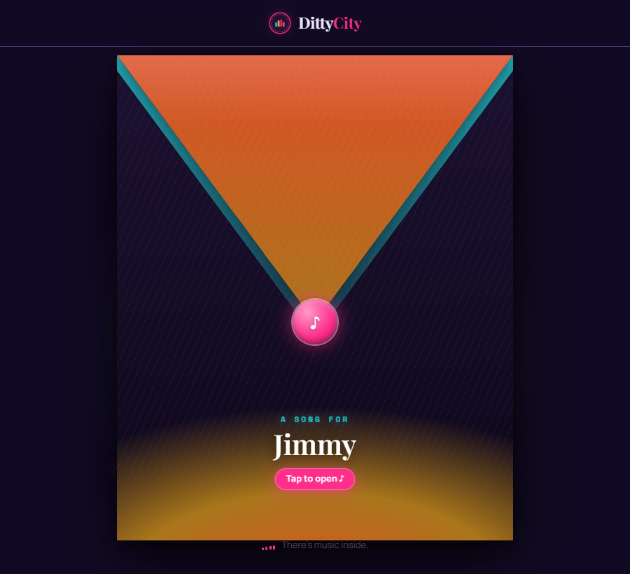 What the recipient first sees: a sealed envelope that says a song for Jimmy, with a tap to open button