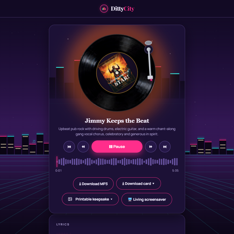 The song playing: a spinning record with the card art on the label, the song title, transport controls, a waveform and download buttons