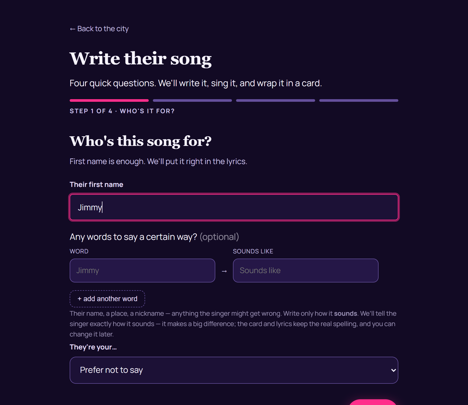 The first question of the Ditty City form, asking who the song is for, with the name Jimmy typed in