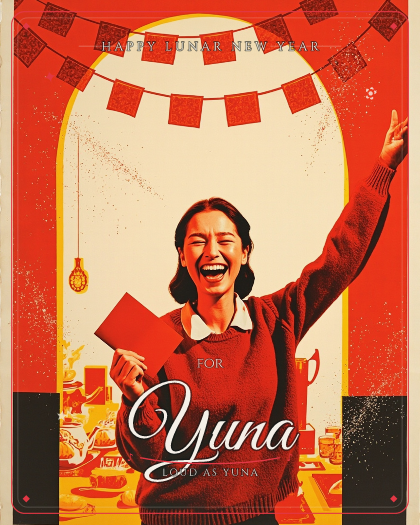 Personalized lunar new year song for Yuna, driving techno with pulsing synth bass style