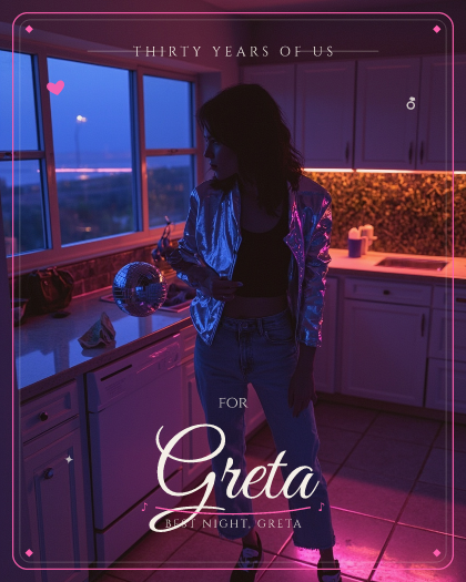 Personalized anniversary song for Greta, Shimmering 80s synth-pop with retro drum machine beats style