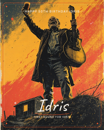 Personalized birthday song for Idris, driving hard rock with crunchy electric guitars style