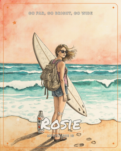 Personalized good luck song for Rosie, retro surf rock with twangy reverb guitar style