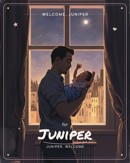 Personalized new baby song for Juniper, gentle acoustic lullaby with soft piano style