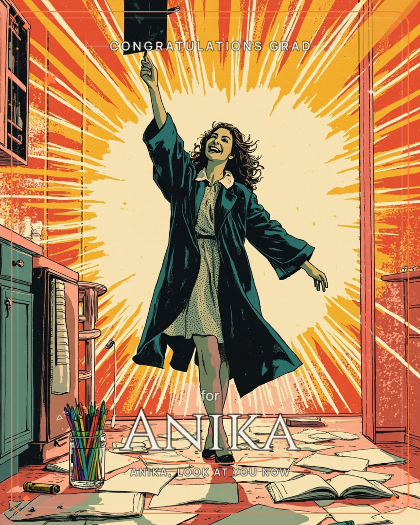 Personalized graduation song for Anika, bright feel-good pop with sunny synths style