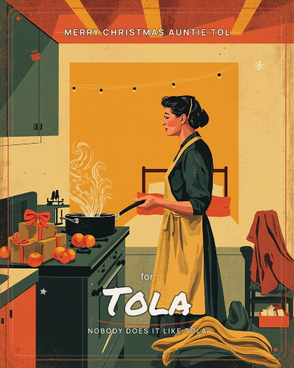 Personalized christmas song for Tola, warm festive folk-pop with sleigh bells style