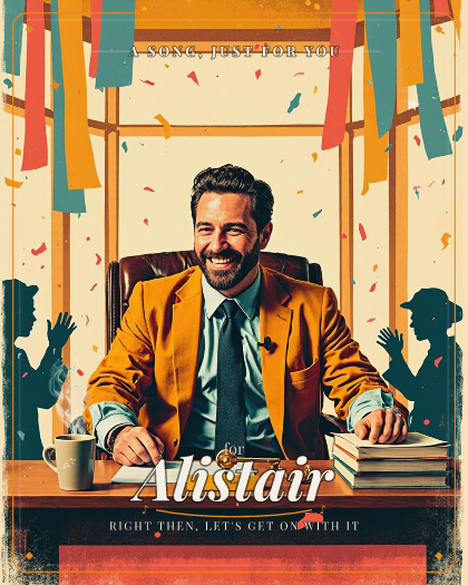 Personalized congratulations song for Alistair, upbeat funk-pop with horns style