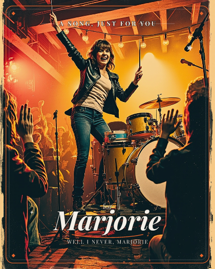 Personalized just because song for Marjorie, upbeat pub rock with driving drums style