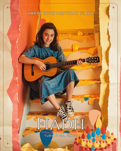Personalized birthday song for Fiadh, upbeat pop rock with driving electric guitars style