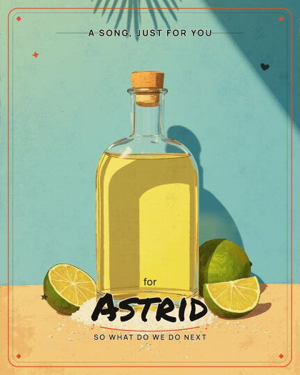 Personalized just because song for Astrid, driving techno with pulsing synth bass style