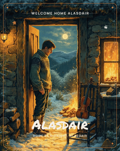 Personalized christmas song for Alasdair, warm acoustic folk with fingerpicked guitar and gentle fiddle lines style