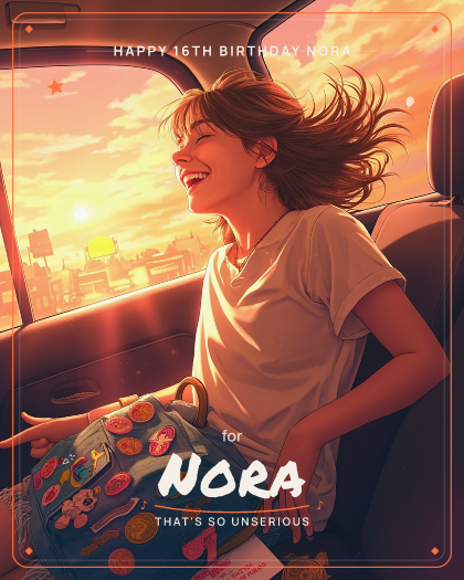 Personalized birthday song for Nora, upbeat pop rock with driving electric guitars style