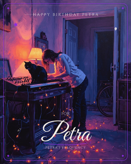 Personalized birthday song for Petra, driving techno with pulsing four-on-the-floor kick style