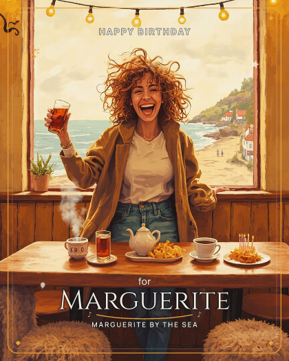 Personalized birthday song for Marguerite, upbeat British acoustic folk-pop with warm strumming guitars style