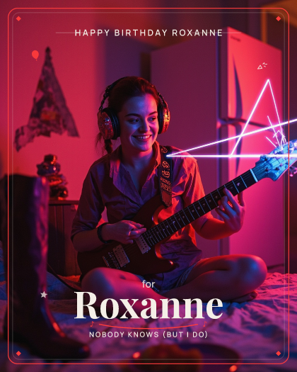 Personalized birthday song for Roxanne, gritty hard rock with driving electric guitars style